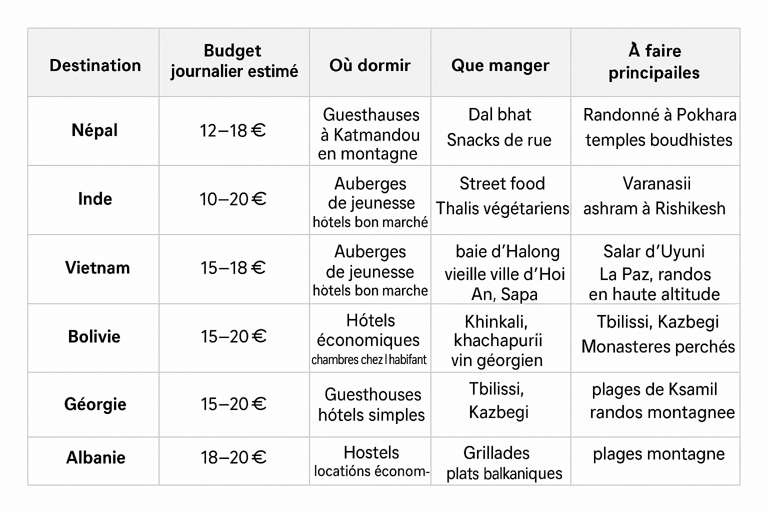 RÉSUMÉ DES DESTINATION